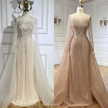 Muslim Beige Elegant Overskirt Mermaid Luxury Beaded Evening Dresses Gowns 2025 For Woman Party LA72528
