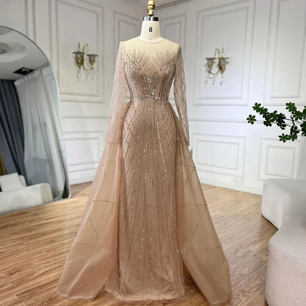 Muslimischen Beige Elegante Überrock Meerjungfrau Luxus Perlen Abendkleider Kleider 2025 Für Frau Party LA72528 