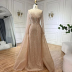 Muslimischen Beige Elegante Überrock Meerjungfrau Luxus Perlen Abendkleider Kleider 2025 Für Frau Party LA72528 