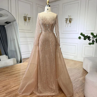 Muslim Beige Elegant Overskirt Mermaid Luxury Beaded Evening Dresses Gowns 2025 For Woman Party LA72528