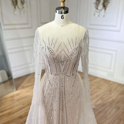 Muslim Beige Elegant Overskirt Mermaid Luxury Beaded Evening Dresses Gowns 2025 For Woman Party LA72528