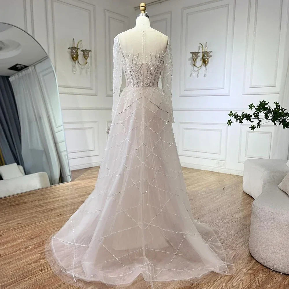 Muslimischen Beige Elegante Überrock Meerjungfrau Luxus Perlen Abendkleider Kleider 2025 Für Frau Party LA72528 