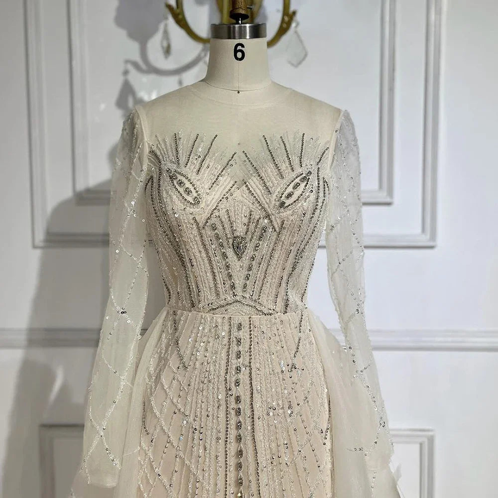 Muslimischen Beige Elegante Überrock Meerjungfrau Luxus Perlen Abendkleider Kleider 2025 Für Frau Party LA72528 
