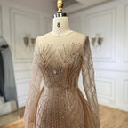 Elegante vestido de noche musulmán beige con sobrefalda de sirena, de lujo, con cuentas doradas, para mujer, fiesta, LA72528 