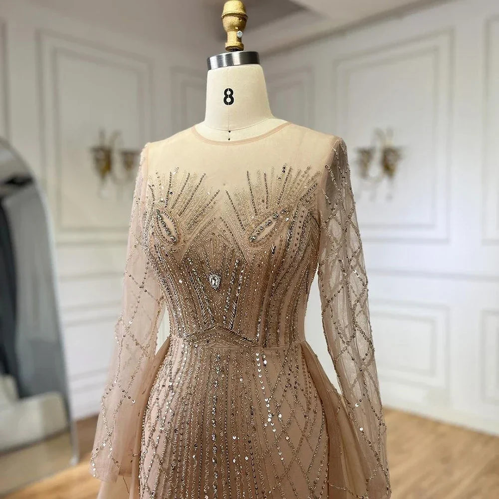 Elegante vestido de noche musulmán beige con sobrefalda de sirena, de lujo, con cuentas doradas, para mujer, fiesta, LA72528 
