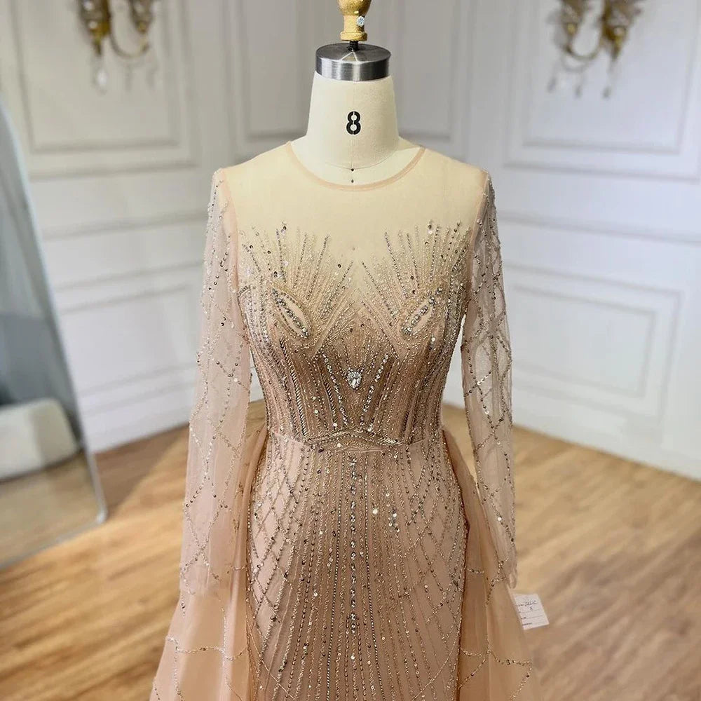 Elegante vestido de noche musulmán beige con sobrefalda de sirena, de lujo, con cuentas doradas, para mujer, fiesta, LA72528 