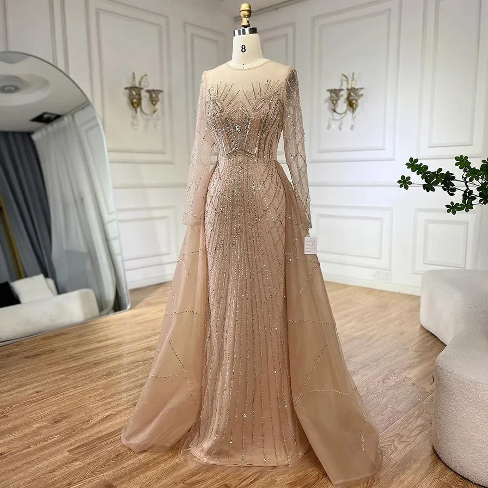 Elegante vestido de noche musulmán beige con sobrefalda de sirena, de lujo, con cuentas doradas, para mujer, fiesta, LA72528 