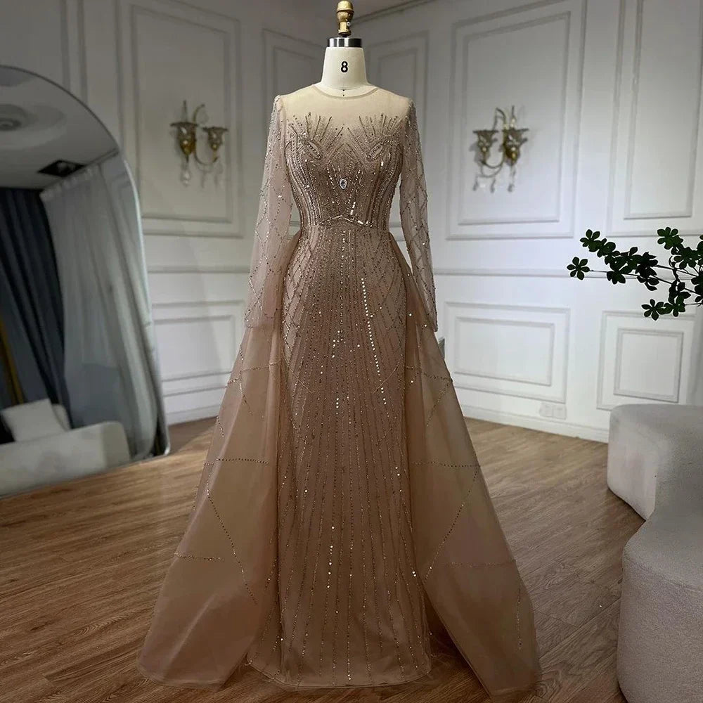 Elegante vestido de noche musulmán beige con sobrefalda de sirena, de lujo, con cuentas doradas, para mujer, fiesta, LA72528 