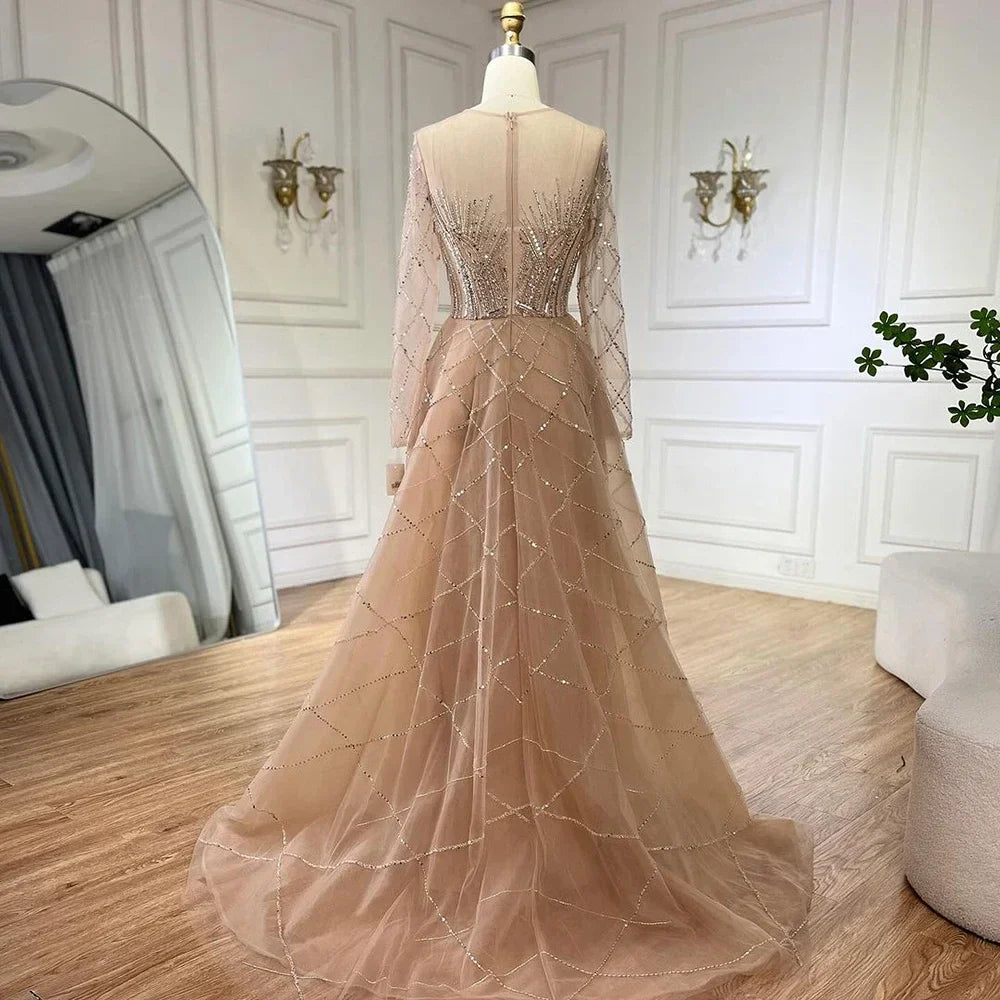 Elegante vestido de noche musulmán beige con sobrefalda de sirena, de lujo, con cuentas doradas, para mujer, fiesta, LA72528 