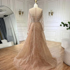 Elegante vestido de noche musulmán beige con sobrefalda de sirena, de lujo, con cuentas doradas, para mujer, fiesta, LA72528 