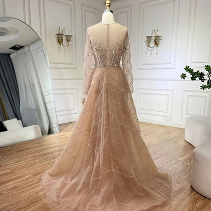 Muslim Beige Elegant Overskirt Mermaid Luxury Beaded Gold Evening Dresses Gowns 2025 For Woman Party LA72528