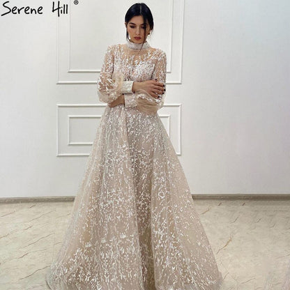 Muslim Beige Luxury Evening Dresses Gowns 2025 Lace Beaded  A-Line Wedding Party For Woman LA71196