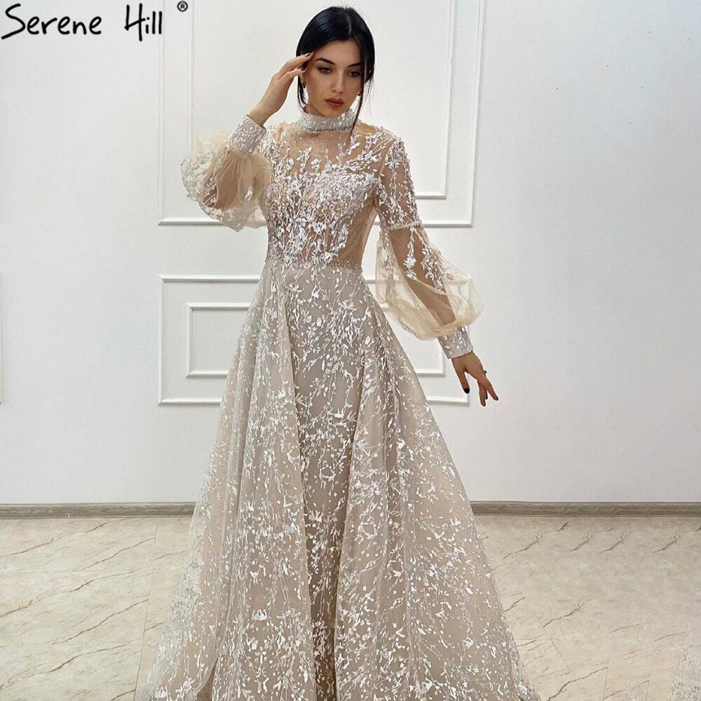 Muslim Beige Luxury Evening Dresses Gowns 2025 Lace Beaded  A-Line Wedding Party For Woman LA71196