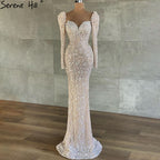Muslimischen Beige Meerjungfrau Abendkleider Kleider 2025 Luxus Sparkle Elegante Puffärmeln Formale Kleid LA71040 