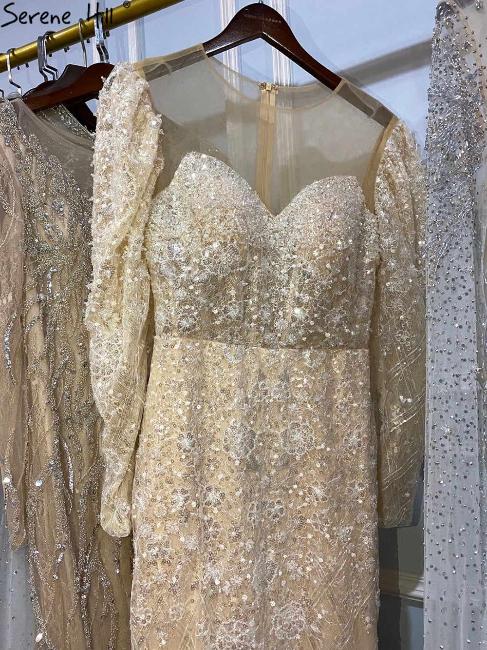 Muslimischen Beige Meerjungfrau Abendkleider Kleider 2025 Luxus Sparkle Elegante Puffärmeln Formale Kleid LA71040 