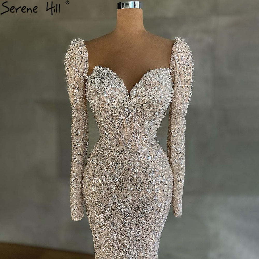 Muslimischen Beige Meerjungfrau Abendkleider Kleider 2025 Luxus Sparkle Elegante Puffärmeln Formale Kleid LA71040 