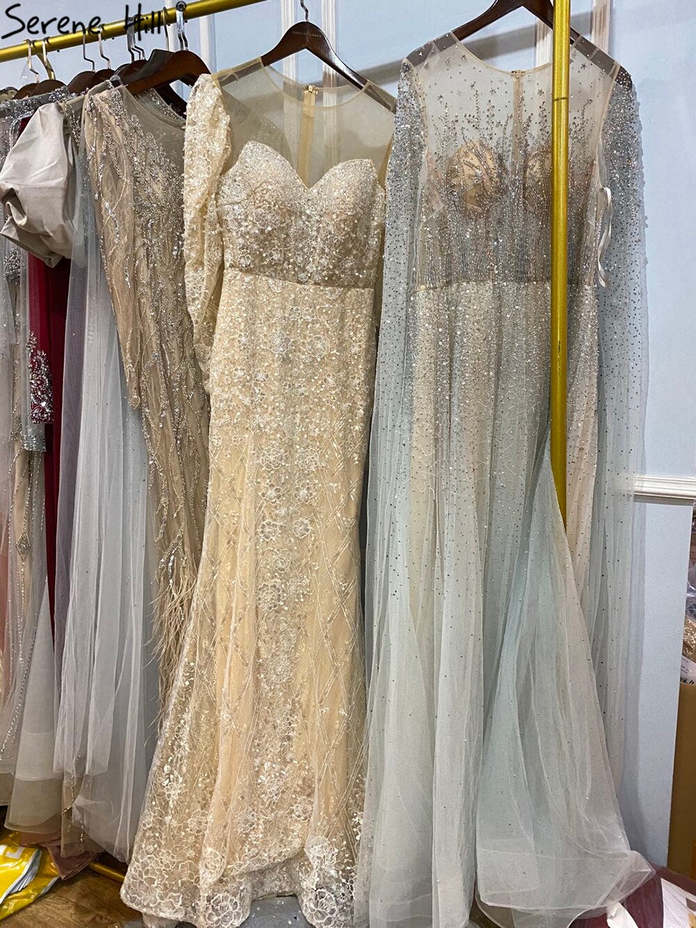 Muslimischen Beige Meerjungfrau Abendkleider Kleider 2025 Luxus Sparkle Elegante Puffärmeln Formale Kleid LA71040 