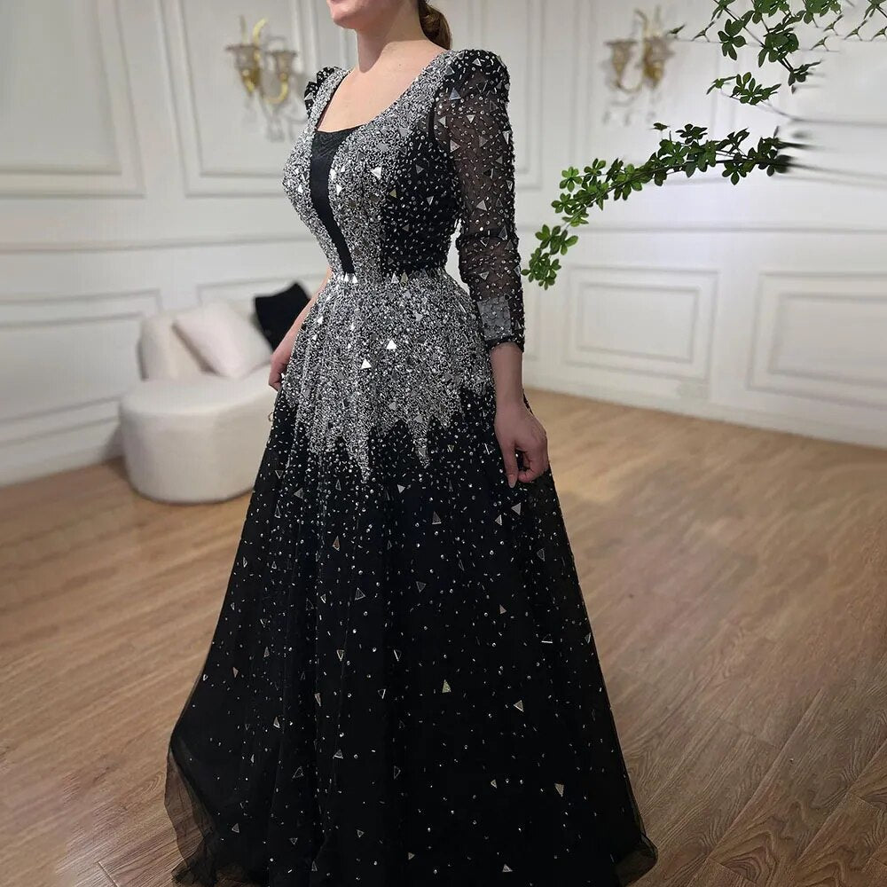 Vestidos de noche musulmanes negros de corte A, 2025, con lentejuelas y cuentas, de lujo, para mujer, para fiesta de bodas LA71214 