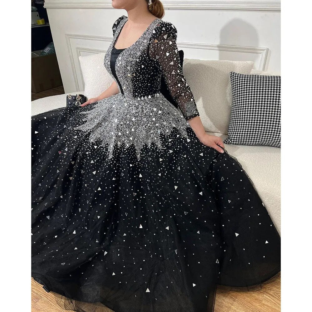Vestidos de noche musulmanes negros de corte A, 2025, con lentejuelas y cuentas, de lujo, para mujer, para fiesta de bodas LA71214 