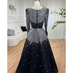 Vestidos de noche musulmanes negros de corte A, 2025, con lentejuelas y cuentas, de lujo, para mujer, para fiesta de bodas LA71214 