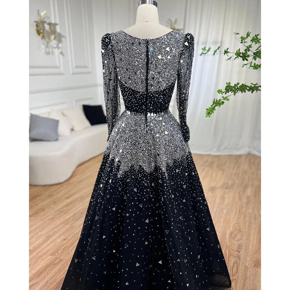 Vestidos de noche musulmanes negros de corte A, 2025, con lentejuelas y cuentas, de lujo, para mujer, para fiesta de bodas LA71214 