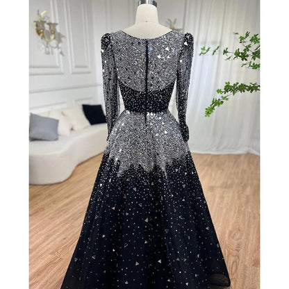 Muslim Black A-Line Evening Dresses Gowns 2025 Sequined Beaded Luxury For Woman Wedding Party LA71214