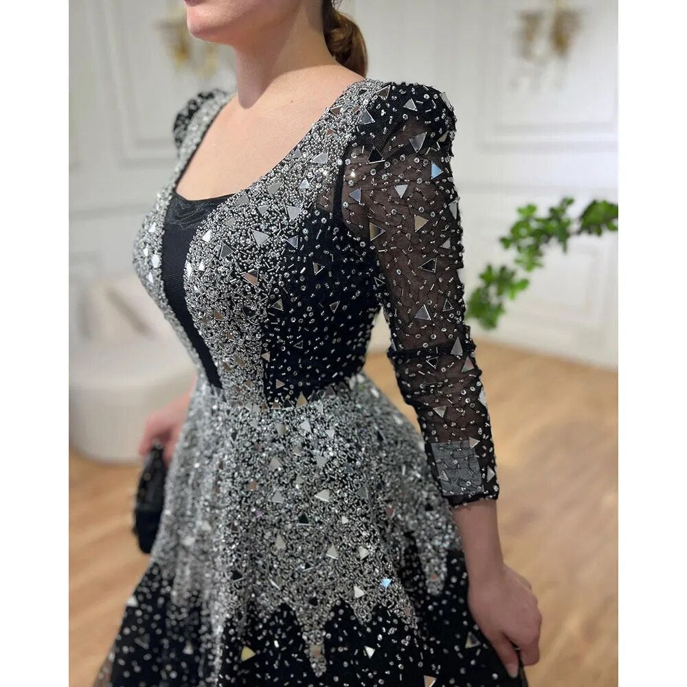 Vestidos de noche musulmanes negros de corte A, 2025, con lentejuelas y cuentas, de lujo, para mujer, para fiesta de bodas LA71214 