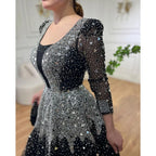 Vestidos de noche musulmanes negros de corte A, 2025, con lentejuelas y cuentas, de lujo, para mujer, para fiesta de bodas LA71214 