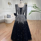 Vestidos de noche musulmanes negros de corte A, 2025, con lentejuelas y cuentas, de lujo, para mujer, para fiesta de bodas LA71214 