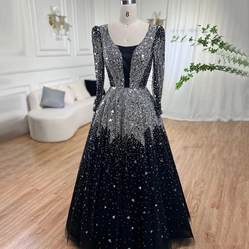 Vestidos de noche musulmanes negros de corte A, 2025, con lentejuelas y cuentas, de lujo, para mujer, para fiesta de bodas LA71214 