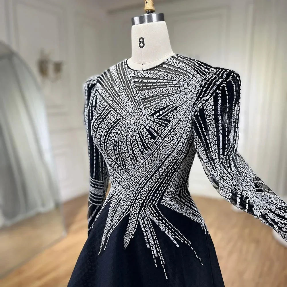 Vestido de noche musulmán negro de corte A, midi, de lujo, con cuentas, largo hasta los tobillos, para mujer, fiesta, LA71290 