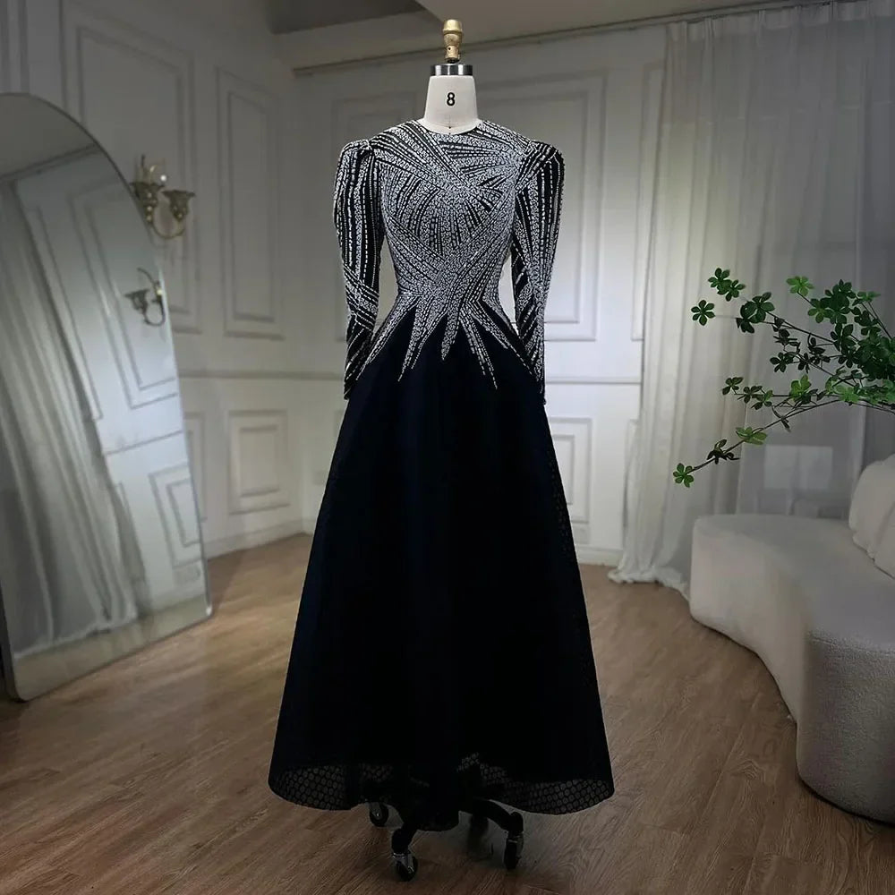 Vestido de noche musulmán negro de corte A, midi, de lujo, con cuentas, largo hasta los tobillos, para mujer, fiesta, LA71290 