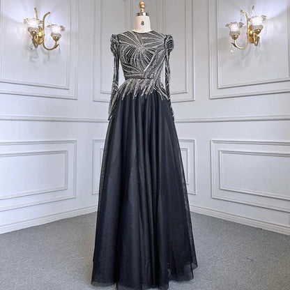Muslim Black A-Line Midi Luxury Beaded Ankle Length Evening Dresses Gowns 2025 For Women Party LA71290