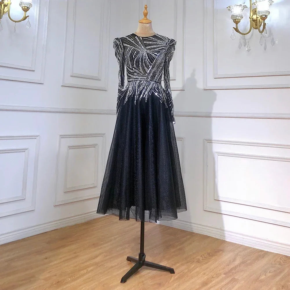 Vestido de noche musulmán negro de corte A, midi, de lujo, con cuentas, largo hasta los tobillos, para mujer, fiesta, LA71290 