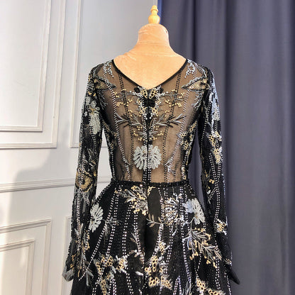 Muslim Black A-Line Sweetheart Necck Evening Dresses Long Arm Gowns 2025 Luxury Beaded For Women Party LA71023A