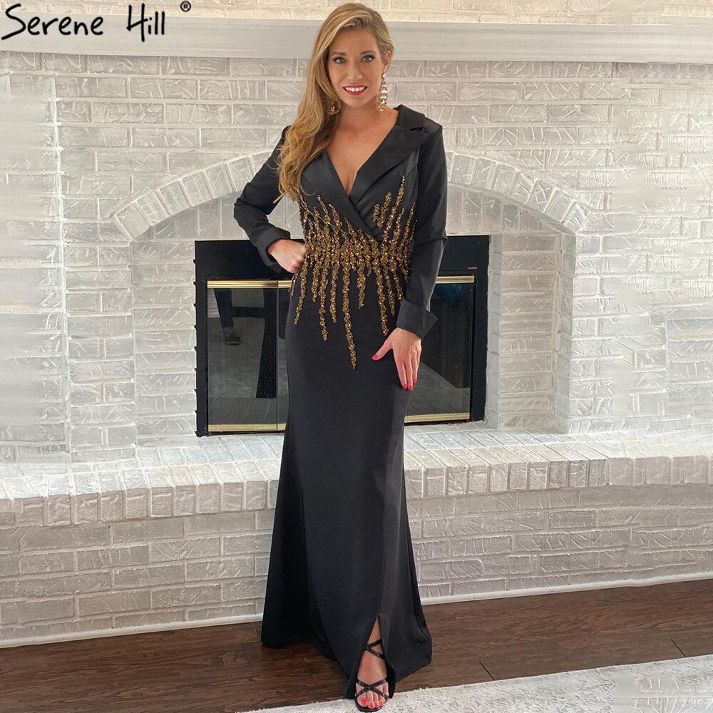 Muslimischen Schwarz Perlen Abendkleider Kleider 2025 Satin Meerjungfrau Elegante Für Frauen Party LA71451 