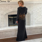 Muslimischen Schwarz Perlen Abendkleider Kleider 2025 Satin Meerjungfrau Elegante Für Frauen Party LA71451 