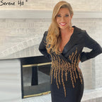 Muslimischen Schwarz Perlen Abendkleider Kleider 2025 Satin Meerjungfrau Elegante Für Frauen Party LA71451 