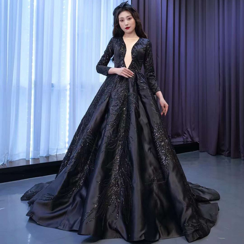 Vestido de novia musulmán de lujo negro con encaje y cuentas, manga larga, hecho a medida, 2025 HM67500 
