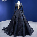 Vestido de novia musulmán de lujo negro con encaje y cuentas, manga larga, hecho a medida, 2025 HM67500 