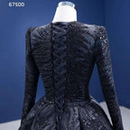 Vestido de novia musulmán de lujo negro con encaje y cuentas, manga larga, hecho a medida, 2025 HM67500 
