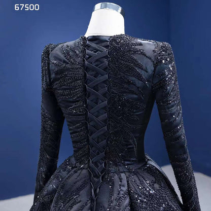 Muslim Black Luxury Lace Beaded Long Sleeves Wedding Dresses Bride Gowns Custom Made Ball Gown 2025 HM67500