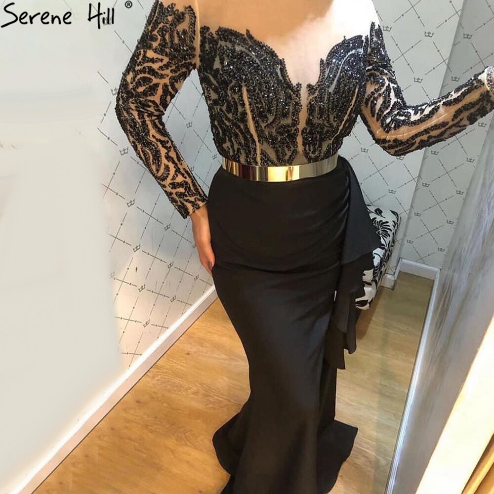 Vestidos de noche musulmanes de sirena negra, elegantes vestidos de satén con cuentas para mujer, para fiesta, LA71219 