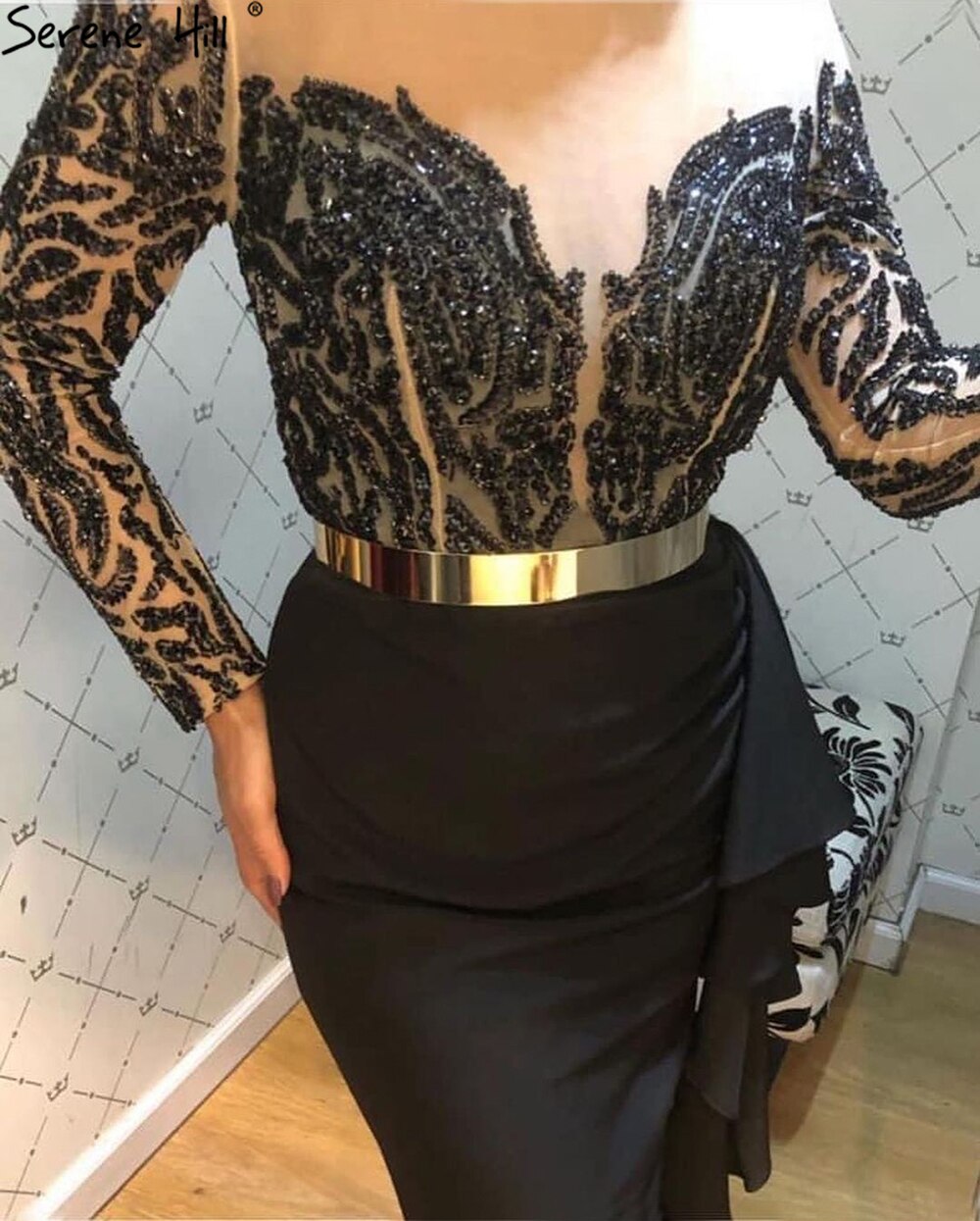 Vestidos de noche musulmanes de sirena negra, elegantes vestidos de satén con cuentas para mujer, para fiesta, LA71219 
