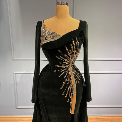 Muslim Black Mermaid Evening Dresses Gowns 2025 Velour Overskirt Elegant Luxury For Women Party LA71513