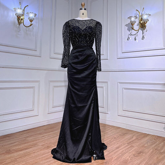 Muslim Black Mermaid Luxury Beaded Satin Evening Dresses Dubai Formal Gowns 2025 For Woman Wedding Party LA72040