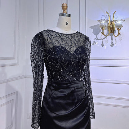 Muslim Black Mermaid Luxury Beaded Satin Evening Dresses Dubai Formal Gowns 2025 For Woman Wedding Party LA72040