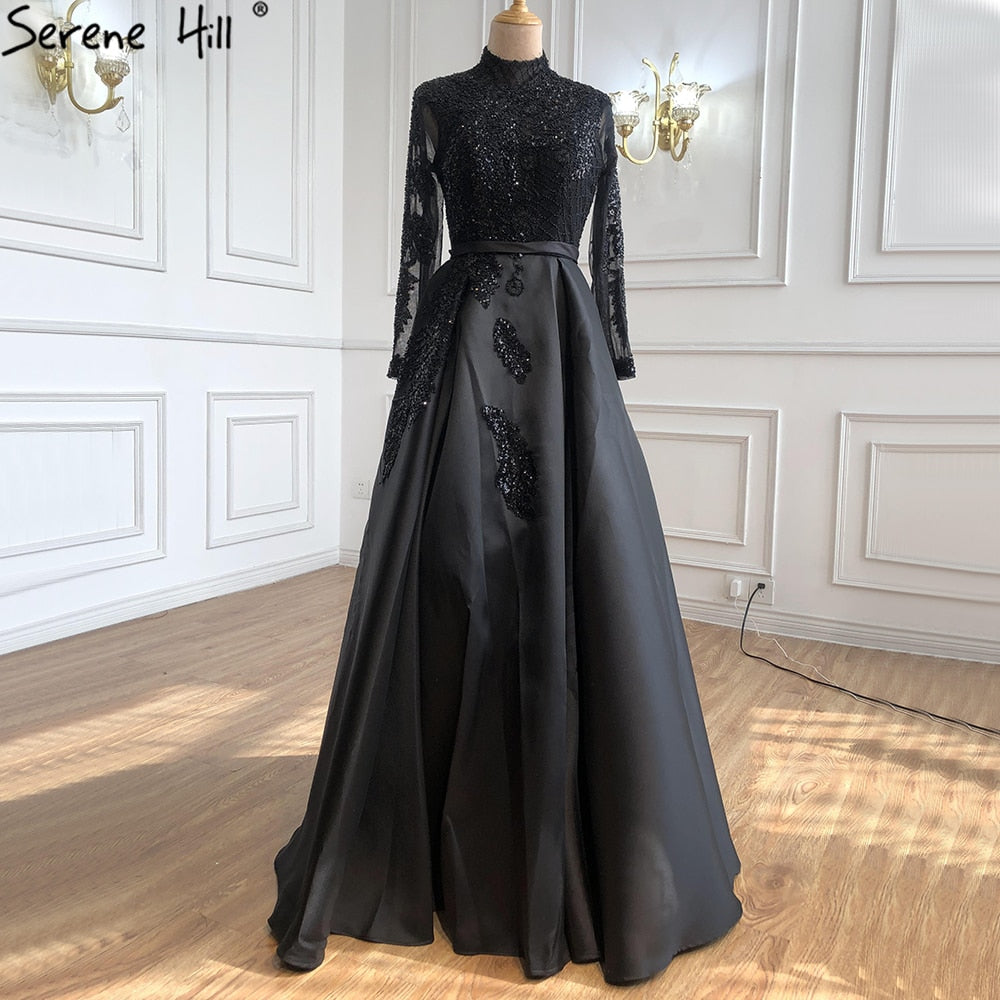 Vestidos de noche musulmanes de satén negro de lujo, corte A con cuentas, para mujer, fiesta, LA70919 