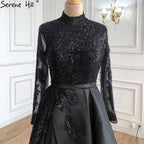 Vestidos de noche musulmanes de satén negro de lujo, corte A con cuentas, para mujer, fiesta, LA70919 