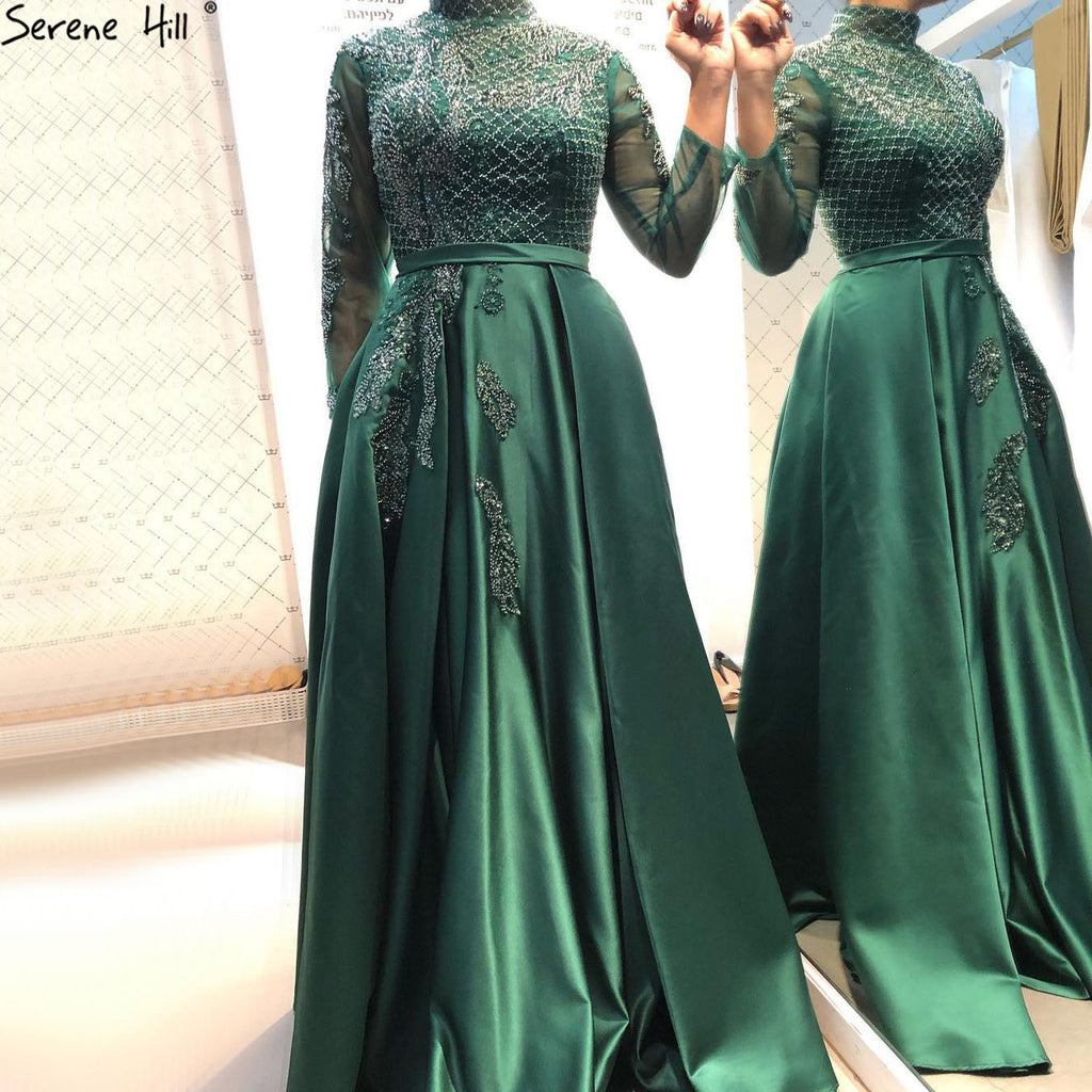 Vestidos de noche musulmanes de satén negro de lujo, corte A con cuentas, para mujer, fiesta, LA70919 